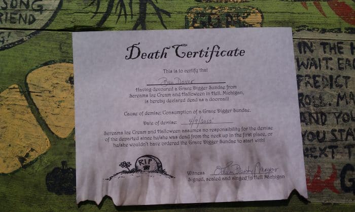 grave digger certificate Ice Cream in Hell, Michigan