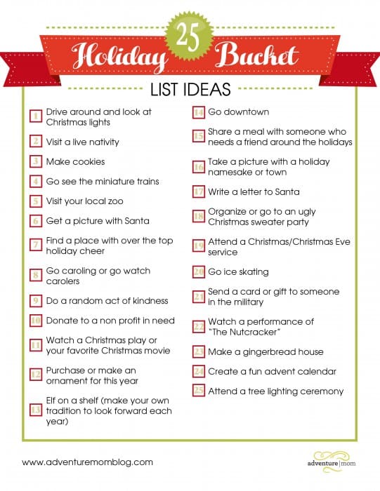 25 Holiday Buckets List Ideas ~ Free Printable