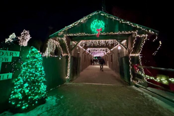 covered bridge at Legendary Lights at Historic Clifton Mill in Ohio