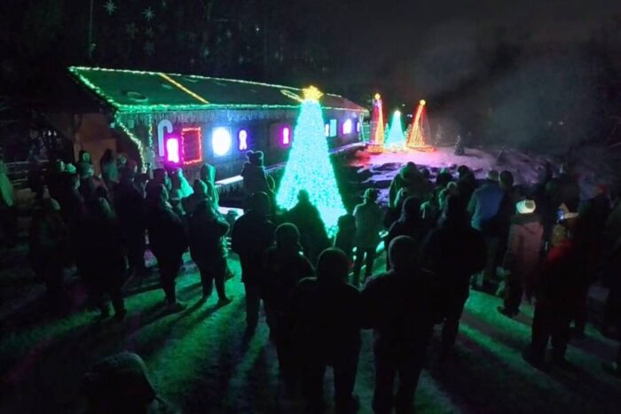 covered bridge light show at Clifton Mill