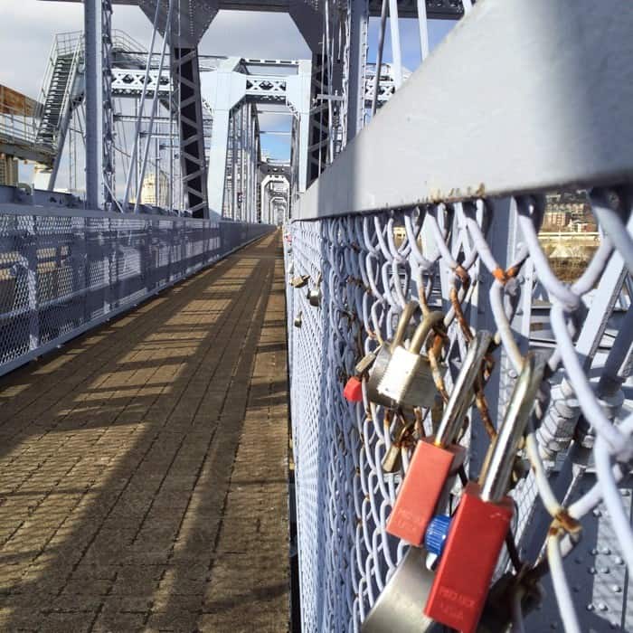 Purple people bridge locks