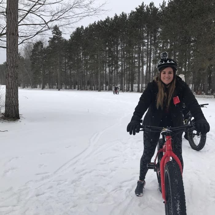 Adventure Mom Nedra McDaniel on a fat tire bike in the snow