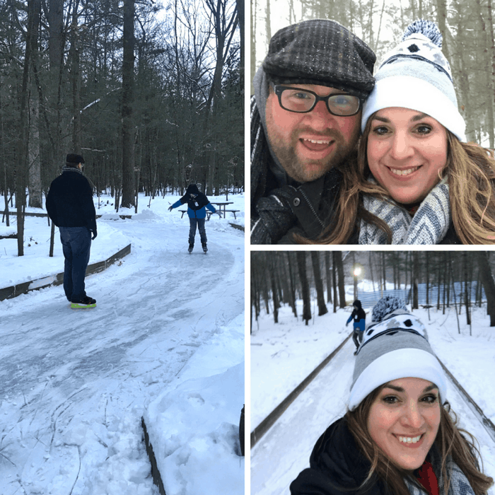 family on ice skating trail through the woods at Muskegon Luge Adventure Sports Park