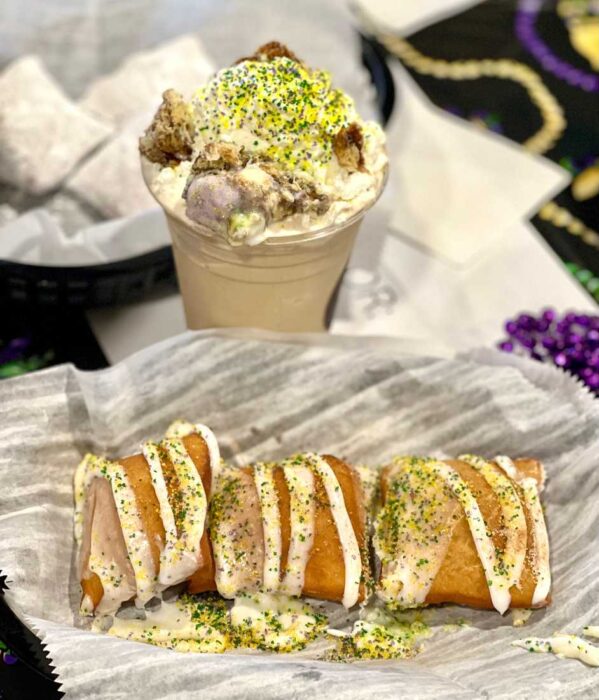 King cake beignet and coffee drink at Coffee 30 Lake Charles Louisiana