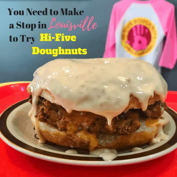 Hi-Five Doughnuts unique fried chicken and gravy sandwich on a glazed doughnut, a Louisville, KY specialty.
