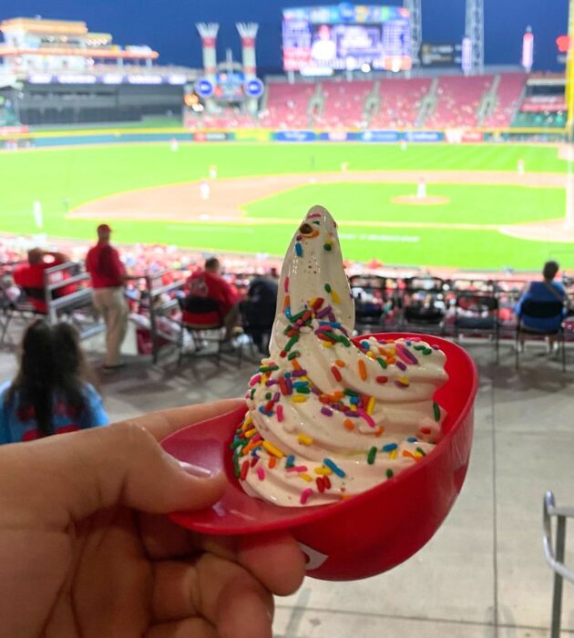 ice cream in a plastic baseball hat