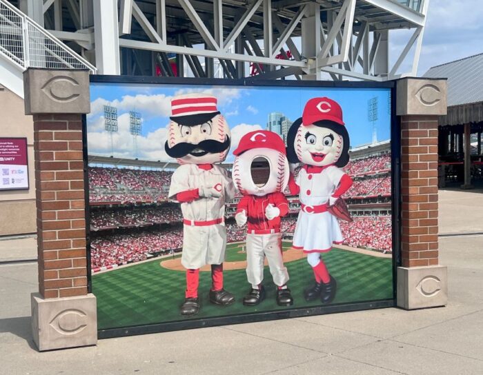 photo op with Cincinnati Reds mascots at Great American Ballpark home of the Cincinnati Reds