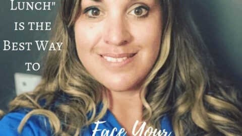 Smiling woman in blue scrubs with long hair, with text about facing mammogram fears.