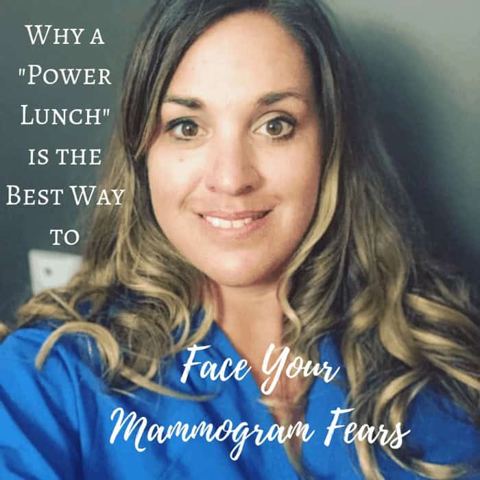 Smiling woman in blue scrubs with long hair, with text about facing mammogram fears.