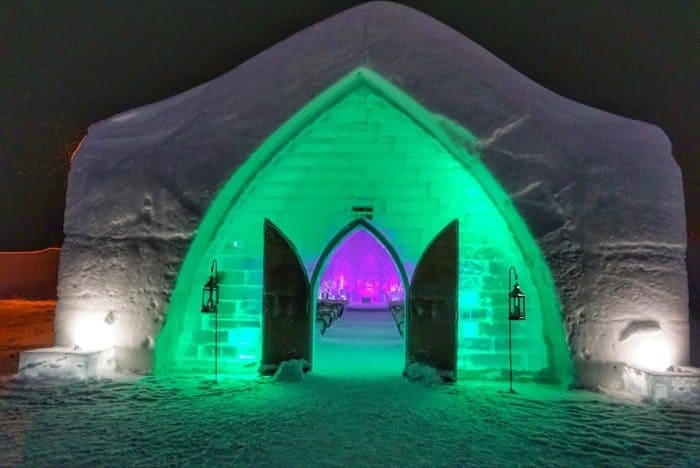 Ice Chapel at Hotel de Glace Ice Hotel at night