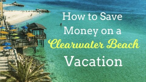 Coastal scene with beach, pier, bridge, and text about saving money on vacation.