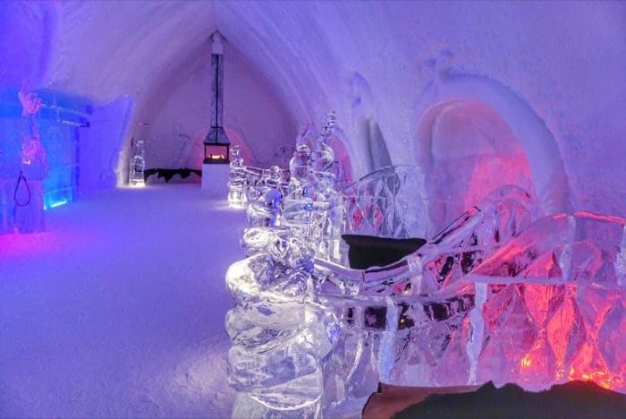 seating area by the Ice bar at Hotel de Glace Ice Hotel 