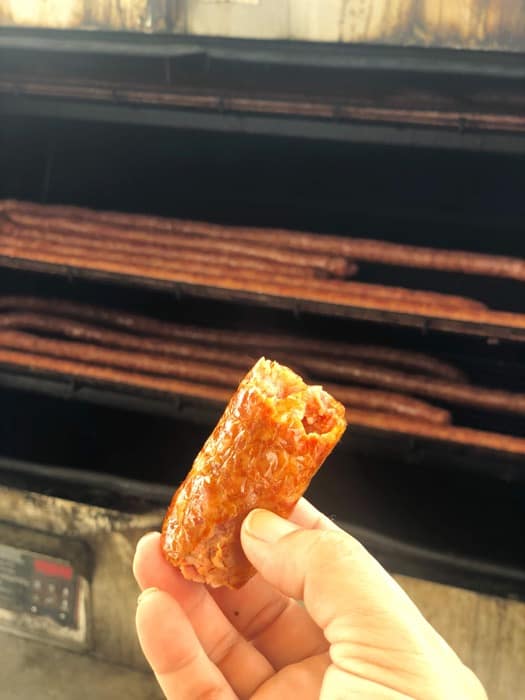 sausage from the smoker at Spuddys Cajun Foods in Louisiana