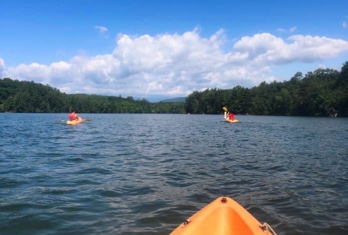 Kayaking with family at Paddys Creek Recreation Area at Lake James State Park e1563930994787