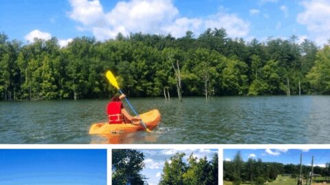 Collage shows kayaking, hang gliding, biking, and ziplining for outdoor adventures.