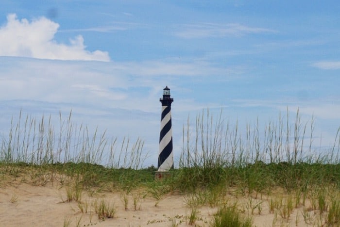 view of Cape Hatteras Lighthouse from the beach