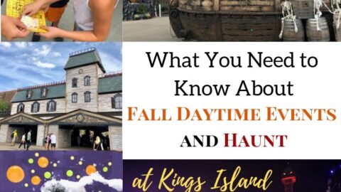 Collage of Kings Island fall events with text overlay about daytime and haunt events.