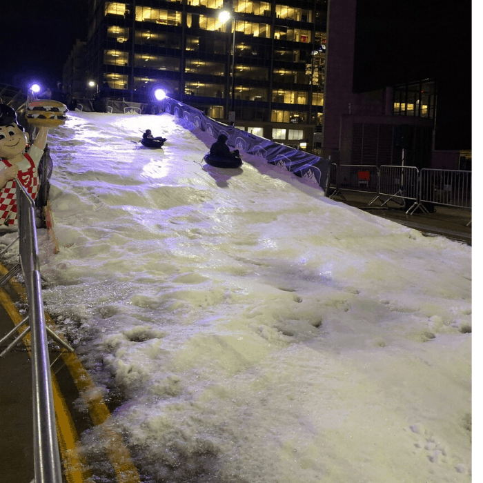 The Frisch’s Big Boy 50 foot long snow tube ramp at SkyStar Wheel Snow Park