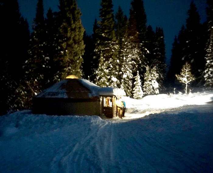 snowshoe trek to yurt at Solitude Mountain in Utah e1579747885984