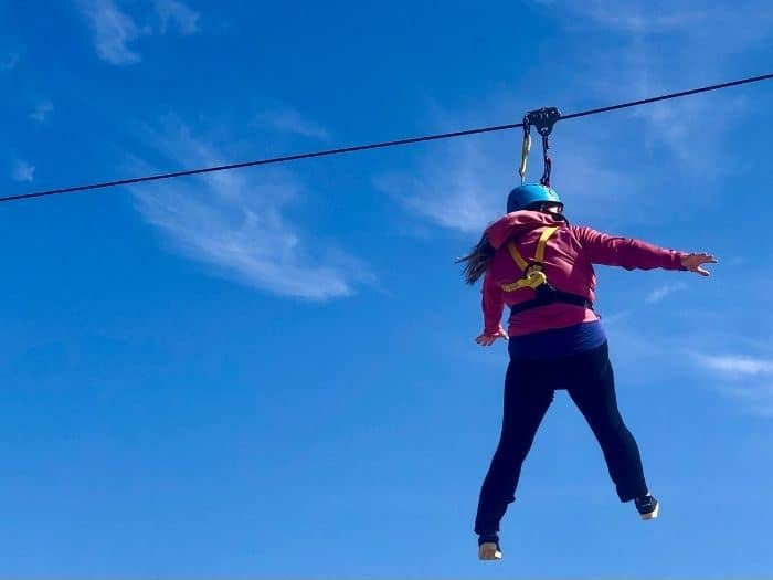 adventure mom on the Big Zipper Zipline at Sheltowee Trace Adventure Resort