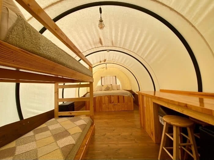 inside the covered wagon at Sheltowee Trace Adventure Resort