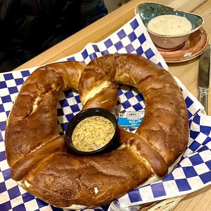 Giant pretzel with cheese at Andreas Keller in Leavenworth Washington