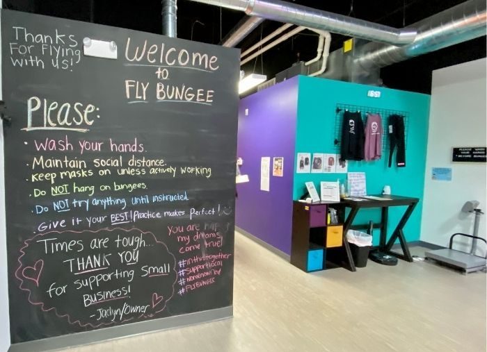 welcome sign at Fly Bungee Fitness Cincinnati