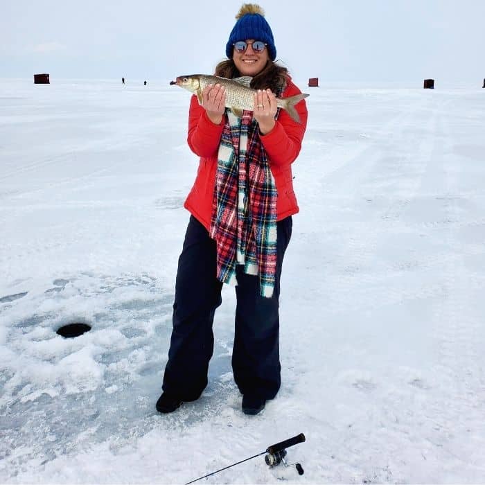 Nedra McDaniel ice fishing on Sturgeon Bay