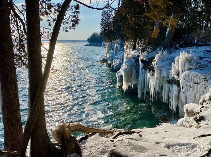 ice at Cave Point County Park in the winter