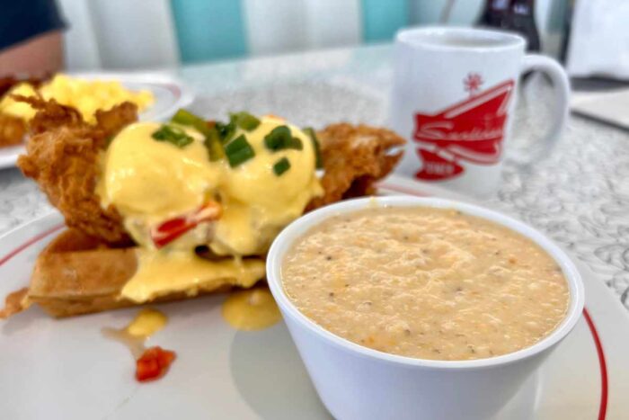 chicken and waffle Benedict at Sunliner Diner Gulf Shores