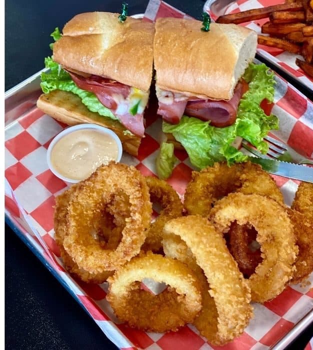 Catch 22 Italian sub with giant onion rings