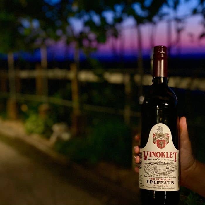 Vinoklet wine bottle at sunset