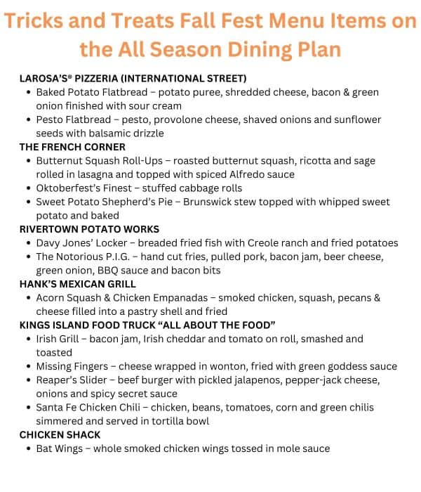 Tricks and Treats Fall Fest Menu Items on the All Season Dining Plan