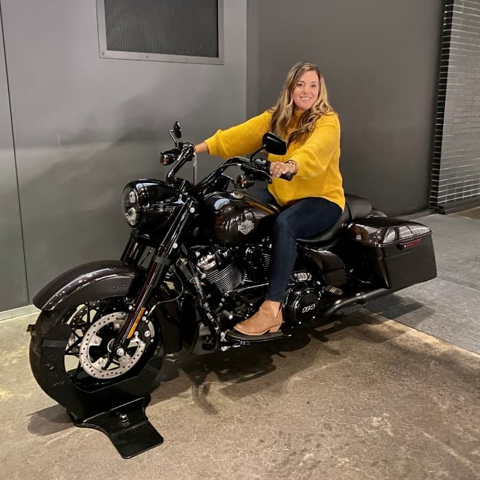 Adventure Mom on motorcycle at Harley Davidson Museum 