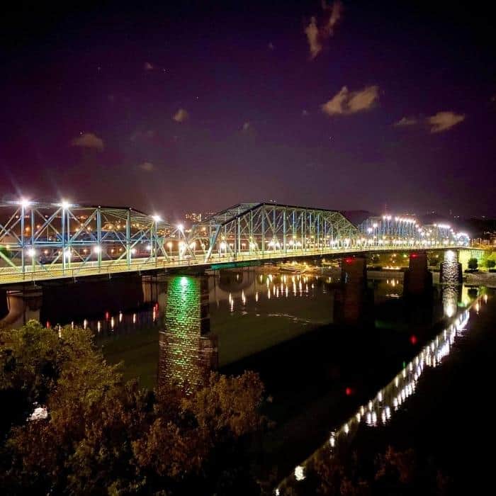 View of Walnut Street Bridge at night fromThe Hunter Museum of American Art