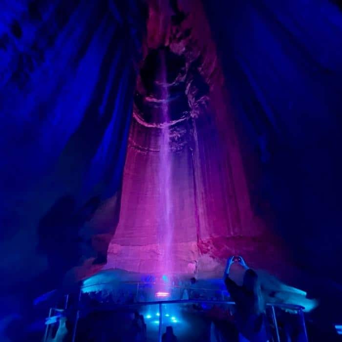 Ruby Falls Cave with colored lights 