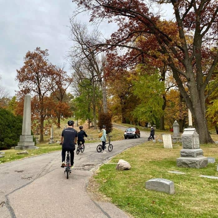 bike riding at Woodland Cemetery and Arboretum