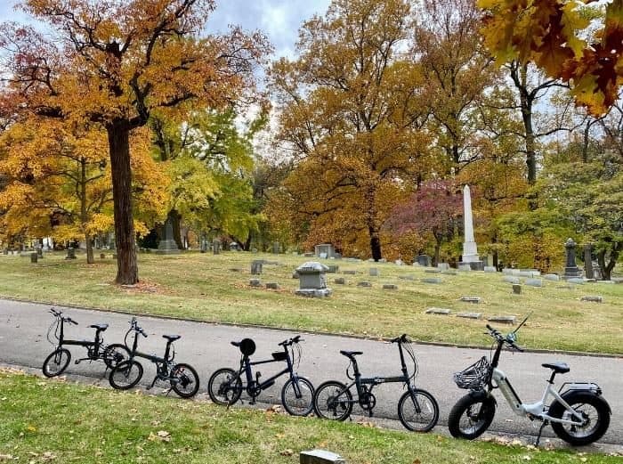 electric bikes at Woodland Cemetery and Arboretum