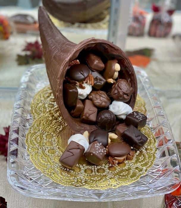 chocolates in a cornucopia at Seroogy’s Chocolates