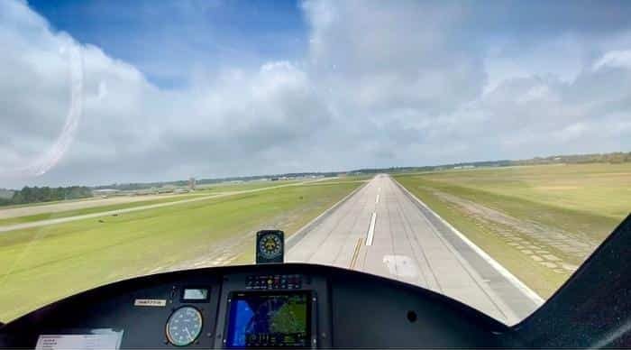 view of runway from inside a gyroplane with BeachFlight Aviation