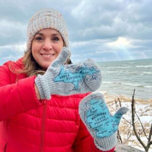 Nedra McDaniel wearing Michigan map mittens