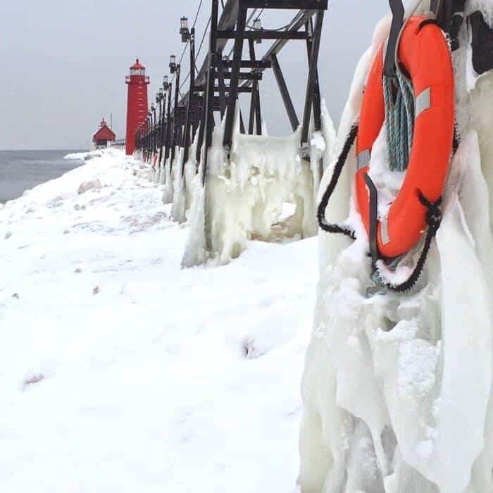 icy pier Grand Haven Michigan