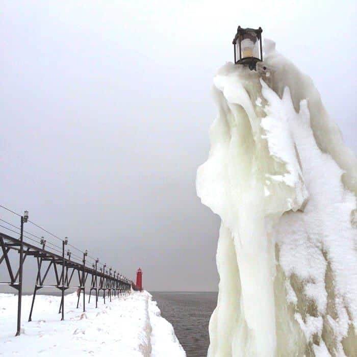 icy pier Grand Haven Michigan