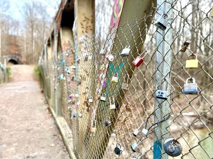 locks on bridge near Moonville Tunnel