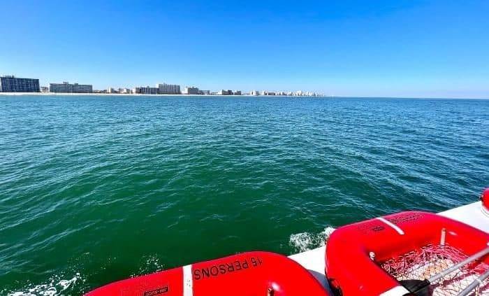 view of Virginia Beach from whale watching tour boat