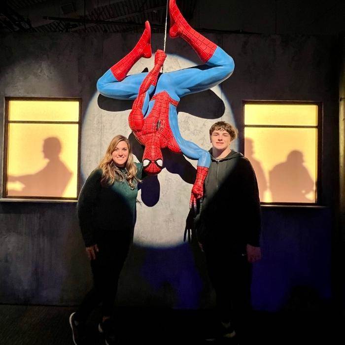 Adventure Mom and son at Marvel exhibit at COSI