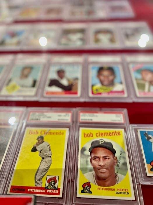 baseball cards on display at The Clemente Museum