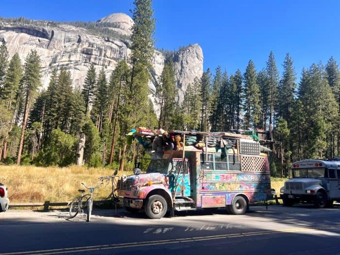 colorful bus parked at Yosemite National Park 