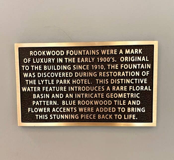 sign about Rookwood Fountains at The Lytle Park hotel