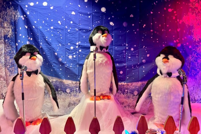animatronic penguins at Land of Illusions Christmas Glow